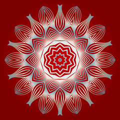 Pattern Of Mandala. Vector Illustration. Modern Decorative Floral Color Mandala. Decorative Circle Ornament. Floral Design. Red white silver colour.