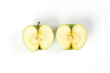 green apple whole half cut slice top view on white background
