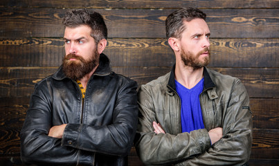 Men brutal bearded hipster. Exude masculinity. Confident competitors strict glance. Masculinity...