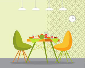 Served table and couple of chairs indoor. Interior of room, hanging lamps and clock. Teapot with cups, cake and donat on plate and glass dishes vector