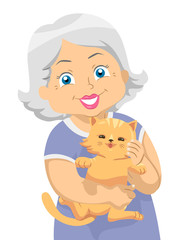 Senior Woman Carry Cat Pet Illustration