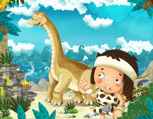 cartoon scene with caveman near the sea shore looking at some happy and funny giant dinosaur diplodocus - illustration for children