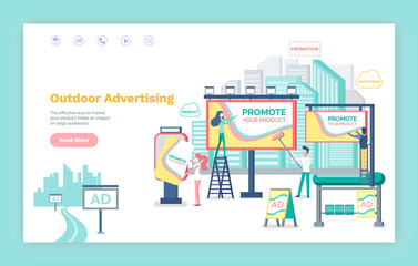Outdoor advertising vector, website or webpage template, landing page flat style. Billboard with information , banner and boards, bus stop with ads