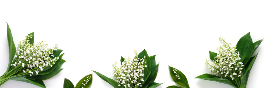 Banner, A Border Of Lilies Of The Valley, Isolated On A White Background, Top View. The Concept Of Summer, Spring, Mother's Day, March 8. 