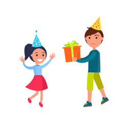 Brother giving present to sister on her birthday vector. Siblings boy and girl wearing celebration paper caps, gift decorated with box, wrapped in red foil