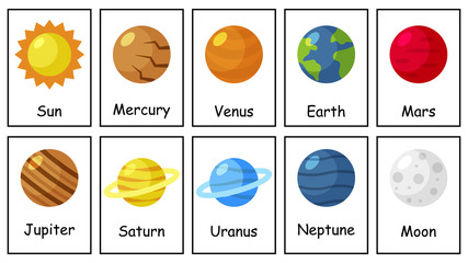 Solar system cards for learning planets. Educational game for kids. Space day. Vector illustration. © Kristina