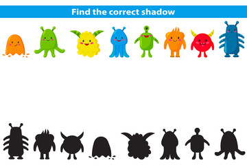 Obraz premium Educational game for children. Find the correct shadow. Cute cartoon aliens. Shadow matching game. Vector illustration.