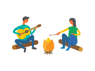 Couple near bonfire singing songs and cooking marshmallows vector isolated people. Cartoon man with guitar and woman on log resting outdoors, summer picnic