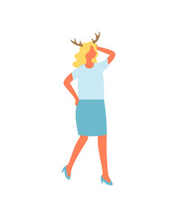 Woman in blue skirt and t-shirt, reindeer horns accessory on head. Vector female in flat design isolated icon. Girl celebrating Xmas party with deer symbol