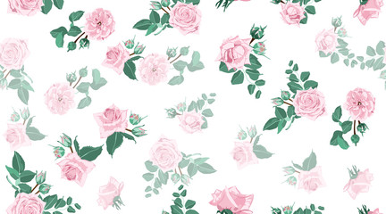 Seamless Floral Rose Pattern with Leaves.
