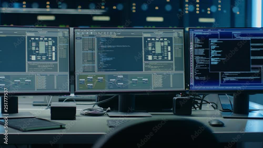 Poster Zoom In on Multiple Personal Computer Monitors Showing Coding Language Program with System Monitoring Interface. In the Background Data Center with Server Racks.