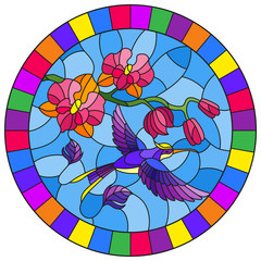 Illustration in stained glass style with a branch of pink  Orchid and bright Hummingbird on a blue background, round image in bright frame