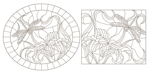 A set of contour illustrations of stained glass Windows with dragonflys and lilies, oval and rectangular images