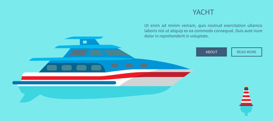 Luxurious yacht with spacious two-storey cabin for nice sea walks website vector illustration. Seagoing vessel for short distance trips.