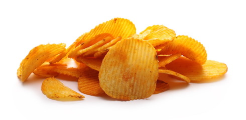 Pepper, paprika flavored potato chips, crisps isolated on white background