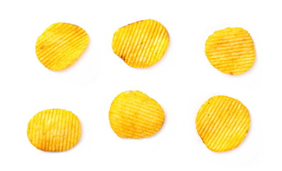 Pepper, paprika flavored potato chips, crisps set and collection isolated on white background, top view