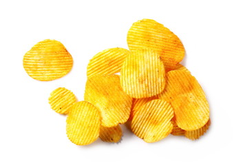 Pepper, paprika flavored potato chips, crisps isolated on white background, top view