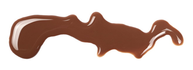Chocolate milk puddle isolated on white background, top view