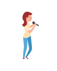Woman singing song with microphone, side view of artist. Girl wearing t-shirt and jeans, performance or karaoke, standing solo singer flat vector