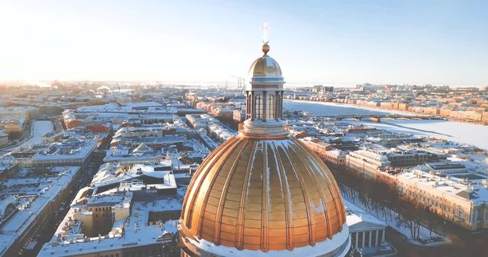 Saint Isaac's Cathedral, Isaakievskiy Sobor from bird view. Ancient temple, architecture in the winter city. 4K Drone. ST. PETERSBURG, Russia.
