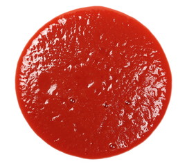 Ketchup, tomato sauce splatter, spill isolated on white background, top view