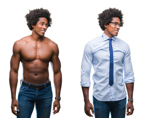 Collage of african american shirtless and business man over isolated background looking away to side with smile on face, natural expression. Laughing confident. - Powered by Adobe