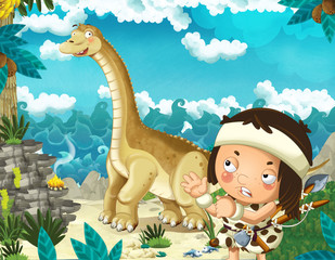 cartoon scene with caveman near the sea shore looking at some happy and funny giant dinosaur diplodocus - illustration for children