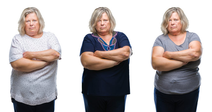 Collage of senior fat woman over isolated background skeptic and nervous, disapproving expression on face with crossed arms. Negative person.