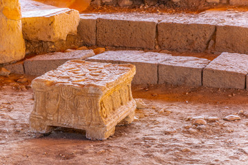 View of the magdala stone situated in the ruins of the first synagogue, Israel