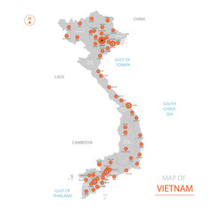 Stylized vector Vietnam map showing big cities, capital Hanoi, administrative divisions.