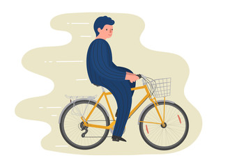 Hand drawn flat man on bike with basket. 