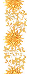 3d rendering. Golden stylized flowers, delicate shiny curls, paisley element, seamless pattern. Oriental style arabesques. Brilliant lace. Openwork weaving delicate, golden background.