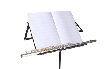 transverse flute rest on a  black music stand isolated on white background  with clipping path and...