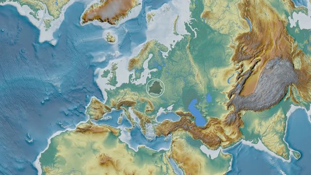 Belarus area presented against the global relief map in the Kavrayskiy VII projection with animated oblique transformation