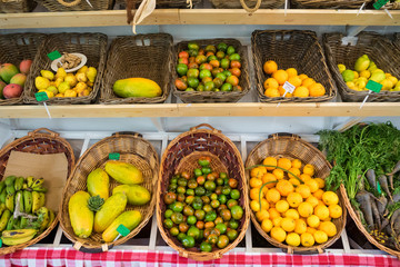 Organic fruits and vegetables at the Peasant Museum Market (Museo del Campesino) in Mozaga, Lanzarote