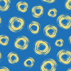 Funky yellow hand drawn abstract circles on vibrant blue background. Seamless vector pattern with a relaxed fun vibe. Great for wellbeing products, stationery, gift wrapping paper, fabric, home decor