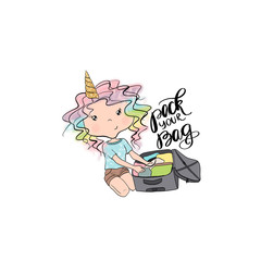 Unicorn Blonde Hair Girl Packs A Suitcase Isolated On A White Background Pack Your Bag Hand Drawn Illustration