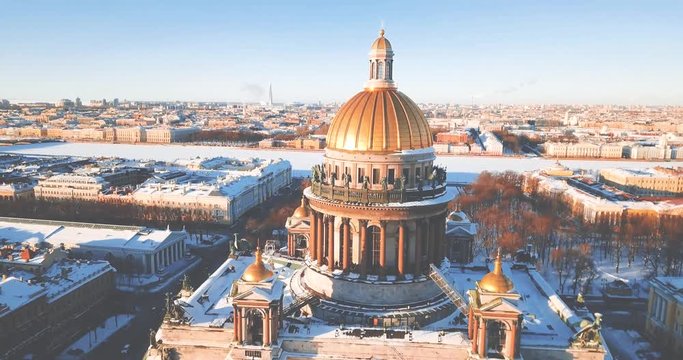 Saint Isaac's Cathedral, Isaakievskiy Sobor from bird view. Ancient temple, architecture in the winter city. 4K Drone. ST. PETERSBURG, Russia.