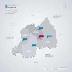 Rwanda vector map with infographic elements, pointer marks.