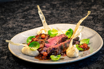 Close Up of  Rare Venison Steak Filet Seasoned with Fresh Herbs and mash on plate