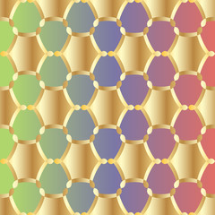 Seamless pattern with ordered arrangement of abstract geometric shapes. The illustration is made in gold shades on colorful background.