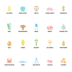 Isolated Vector Logo Set Badge Ingredient Warning Label. Colorful Allergens icons. Food Intolerance