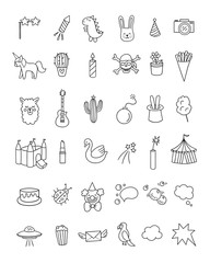 Fototapeta premium Children's party and kids hand drawn icons. Vector illustrations on white background: toys, circus, amusement park elements