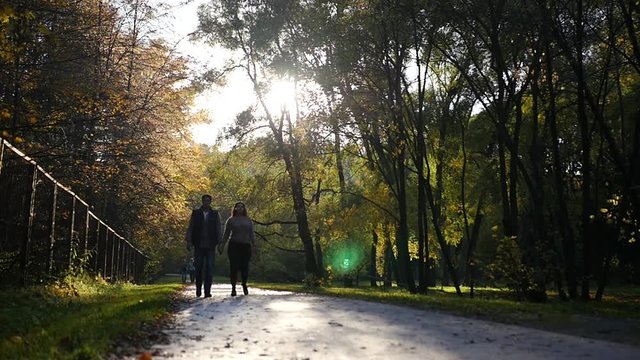 A young couple walking through the autumn park at sunset in the sun. HD, 1920x1080, slow motion