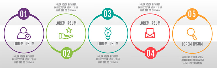 Modern and simple flat vector illustration. Infographic template with five circles, elements, sectors and percentages. Designed for business, presentations, web design, interface 5 step diagrams