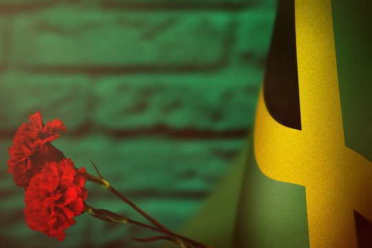 Jamaica Flag For Honour Of Veterans Day Or Memorial Day With Two Red Carnation Flowers. Glory To The Jamaica Heroes Of War Concept On Teal, Sea-green Blurred Painted Brick Wall. Background.