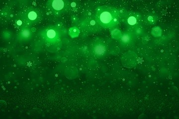 green fantastic shining glitter lights defocused bokeh abstract background with falling snow flakes fly, holiday mockup texture with blank space for your content