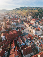 beautiful aerial drone shot of the cityscape of a nice old and medieval city called Esslingen am...