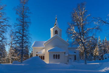the winter in Lapland, Norrbotten, Sweden, the little white church of Osterjorn