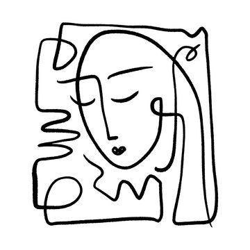 recommend clip art: Simple hand drawn black and white trendy line portrait art. Abstract composition